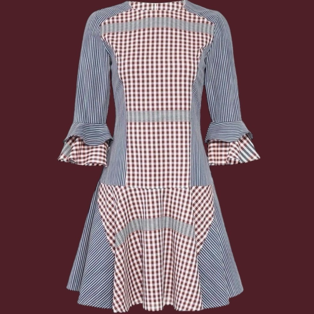 NWT Badgley Mischka Navy Blue, Red & White Checkered Gingham Ruffle Mini Dress 2